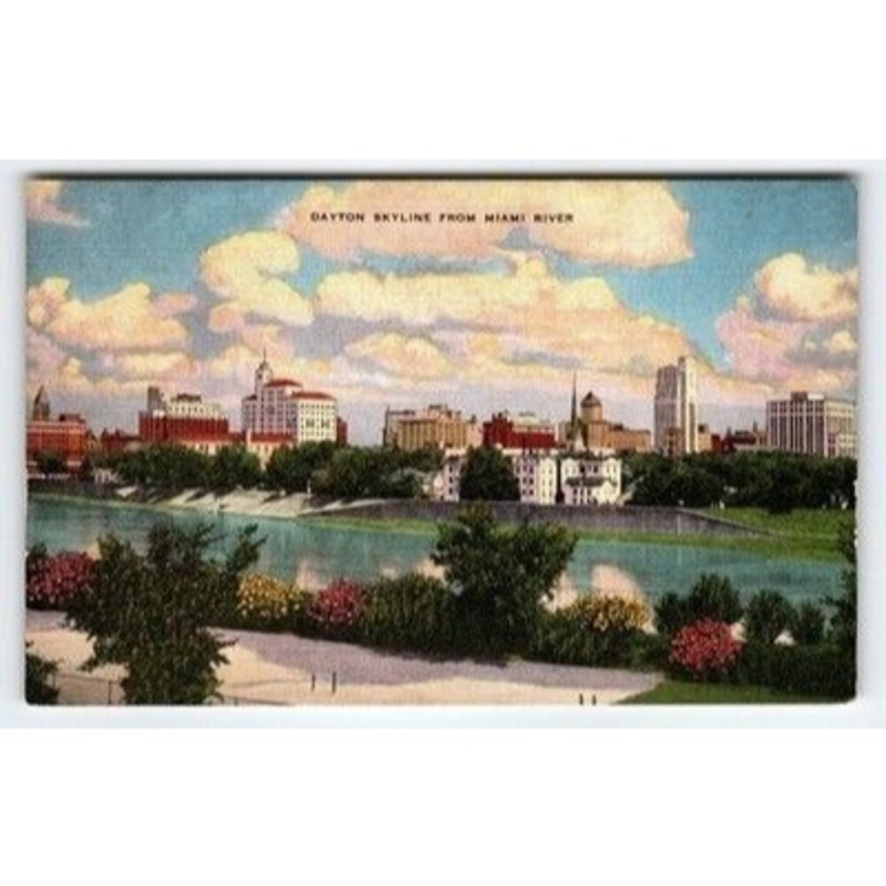 Vintage Linen Dayton Skyline from Miami River Ohio Postcard 1930s